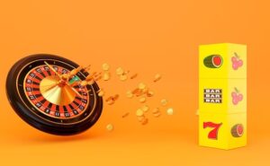 casino roulette wheel black color with flying gold coins dices with images from slot machine